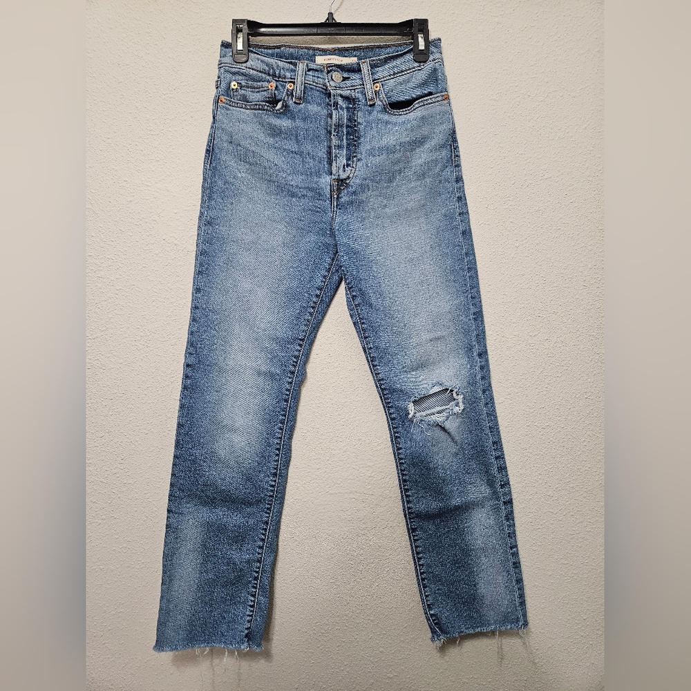 Levi's 27 wedgie straight leg high waist button fly raw hem distressed jeans